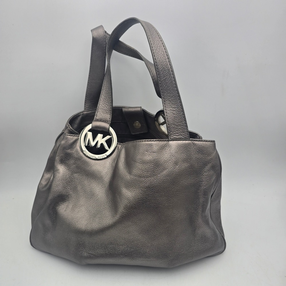 Michael Kors Metallic Pewter Pebbled Leather Shoulder Bag Silver MK Logo Hobo